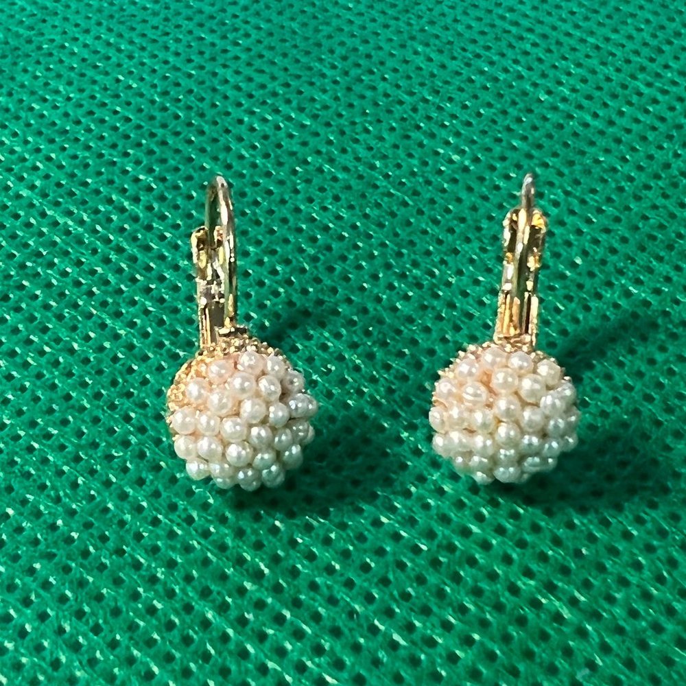 Pearl Cluster Gold Tone Leverback Pierced Earrings